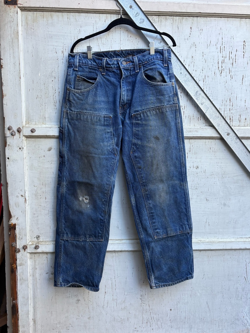 Vintage Prison Blue Workwear Distressed Double Knee Carpenter Pants Size 33x29